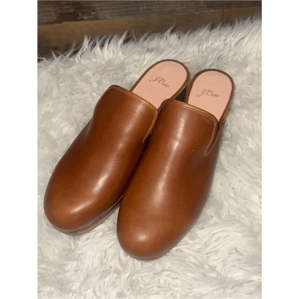 J.Crew NWOT Brown Leather Clog Mules Studded Wood Platform Size 12  70’ vibe
